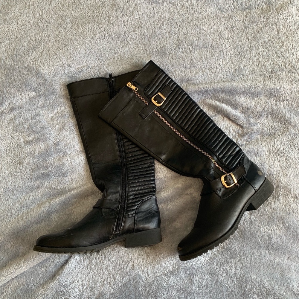 Steve Madden Gold Buckle Knee High Black Boots
